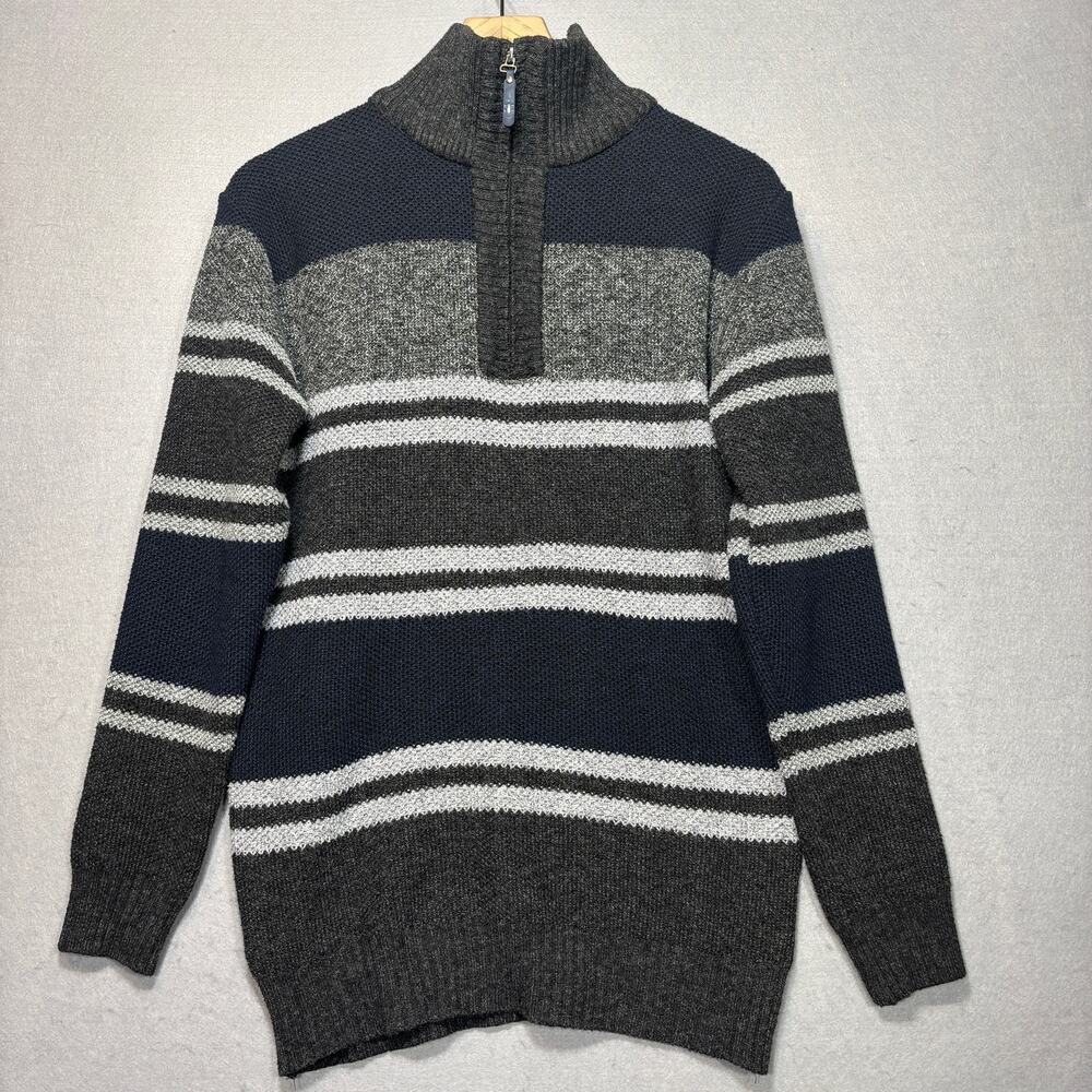 Bin Bin‎ Mens Striped Colorblock 1/4 Zip Sweater XL Gray Navy Retro Regency Warm